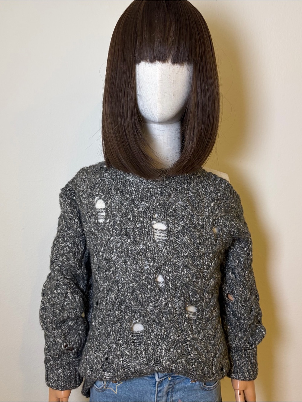 ZARA Girls Distressed Open Shoulder Cable Knit Sweater Gray Size 8-9 / 130 cm